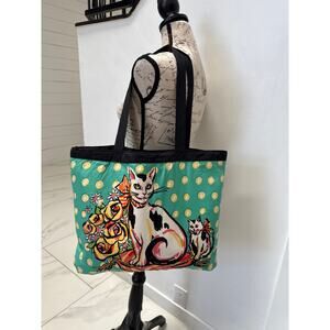Bob Mackie Wearable Art 100% Silk Tote Bag Cats Lined 18.5” X 14 5/8”